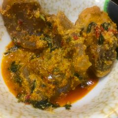 A picture of Egos soup with cow leg.