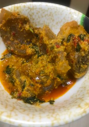 A picture of Egos soup with cow leg.