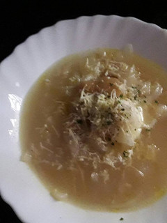 A picture of Onion Soup with Cheese and Hard-Boiled Egg.
