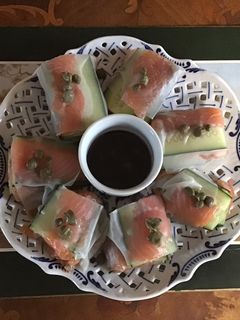 A picture of California Farm Cucumber Salmon Spring Roll.