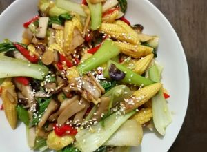 Gambar King Oyster Mushroom, Putik Jagung & Bok Choy Tumis Sos Tiram