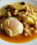Garbanzos con espinacas, bacalao ahumado y huevo escalfado