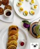 Devilled eggs, Japanese Pancakes, Smiley potato Pakora