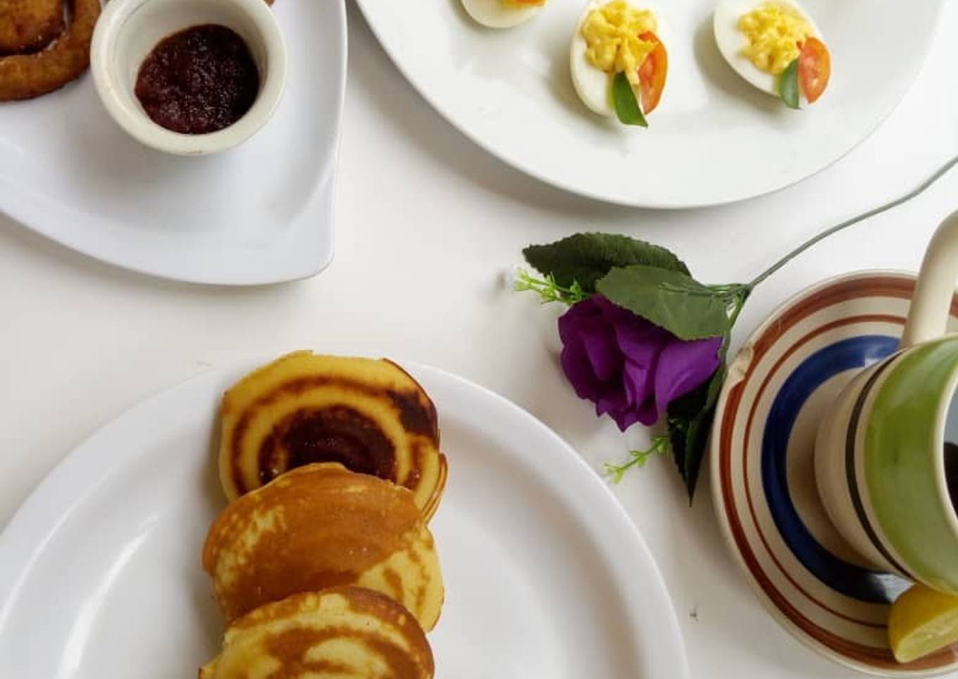 Devilled eggs, Japanese Pancakes, Smiley potato Pakora