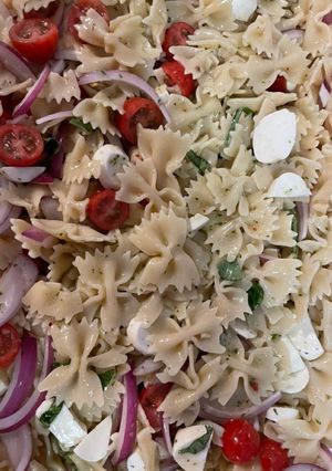 A picture of Tomato Basil pasta salad.