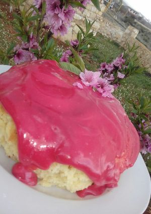 A picture of Raisin and Coconut Cake with Floral Sauce.
