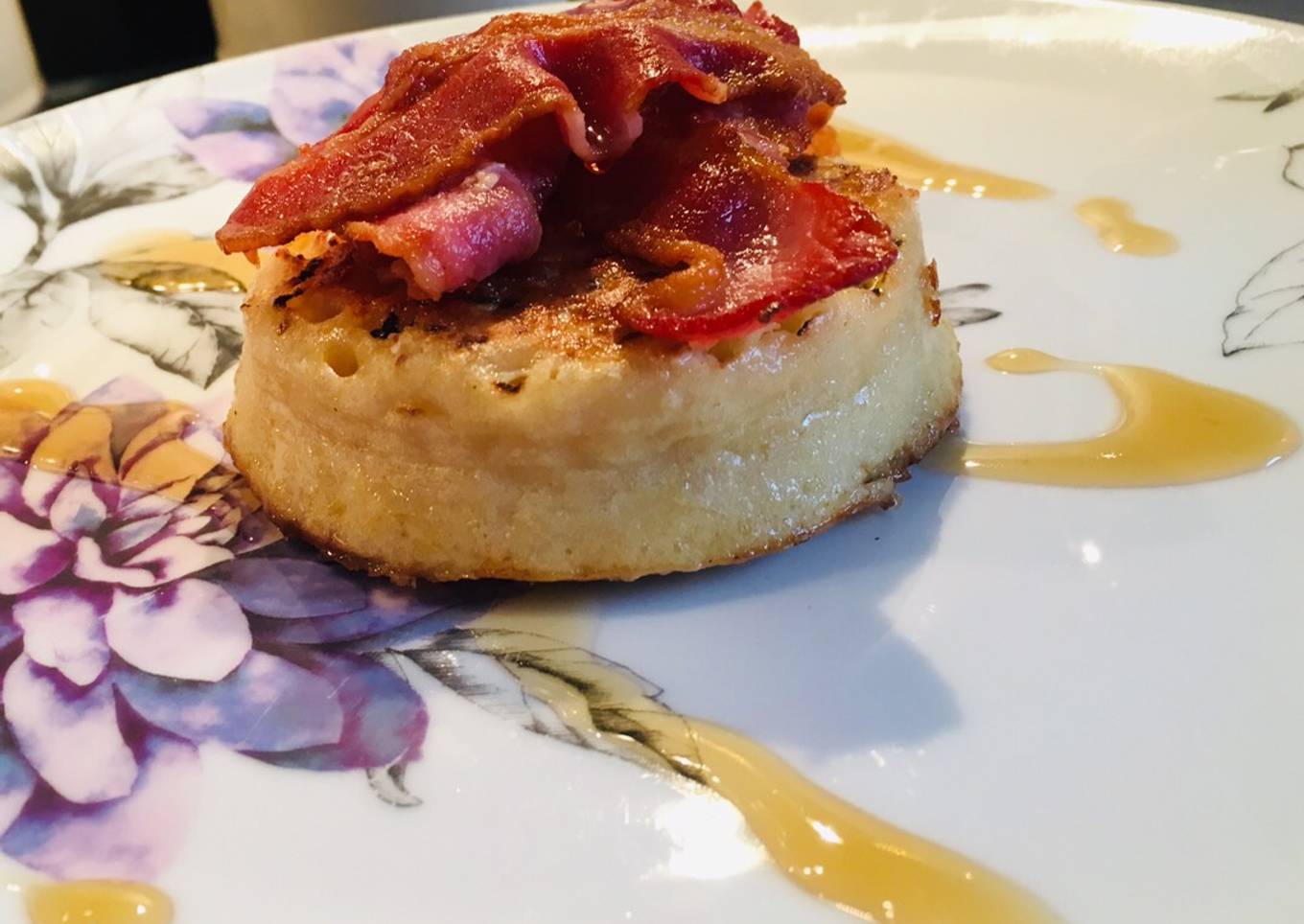 Maple syrup and bacon on crumpets