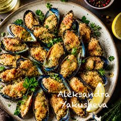 A picture of Mussels with Cheese and Garlic.