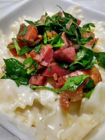 Easy Way Prepare Parmesan bow-ties with crispy pancetta the So Delicious Really delicious