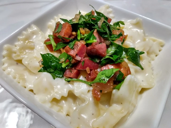 Easy Way Prepare Parmesan bow-ties with crispy pancetta the So Delicious Really delicious