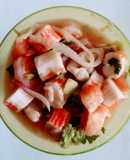 Ceviche de camarón con merluza de pescado y palmitos de cangrejo