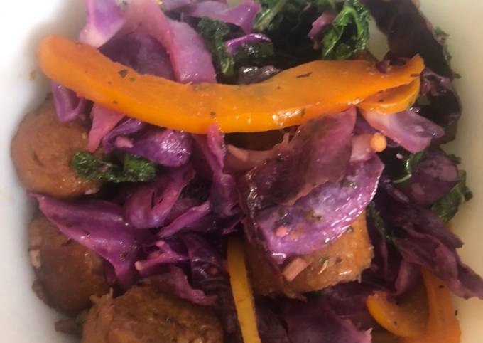 Sautéed Purple Cabbage & Kale with Hot Italian Vegan Sausage & Bell Peppers