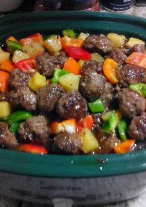 A picture of Pineapple sweet and sour meatballs.