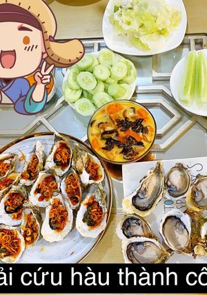 Hình của món Hàu sống và hàu nướng mỡ hành.