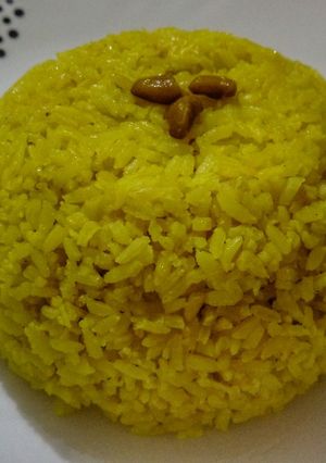 A picture of Peeley chawal/Basanti Polau.