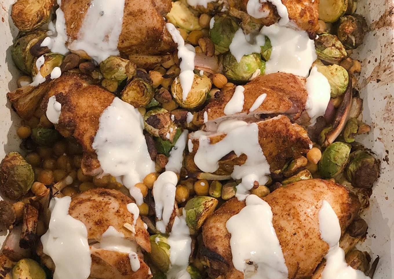 Curried chicken, sprouts and chickpeas with honey lemon yogurt