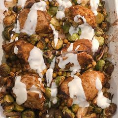 A picture of Curried chicken, sprouts and chickpeas with honey lemon yogurt.