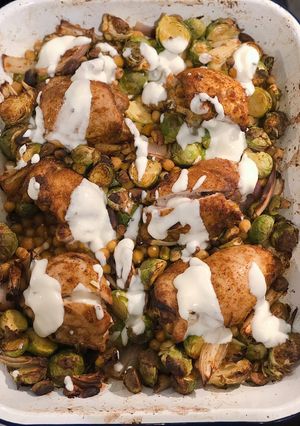 A picture of Curried chicken, sprouts and chickpeas with honey lemon yogurt.