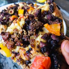 A picture of Minced meat focaccia bread.