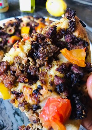 A picture of Minced meat focaccia bread.