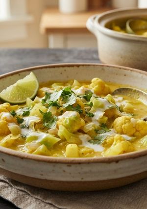 A picture of Coconut Curry Cabbage & Cauliflower Soup.