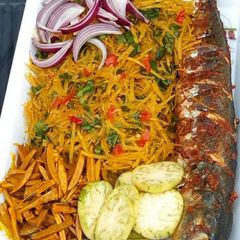 A picture of Abacha with grilled fish.