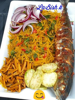 A picture of Abacha with grilled fish.