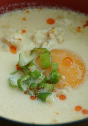 A picture of Chicken and Soy Milk Soup (or Ramen Noodles).