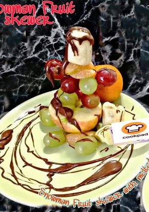 A picture of Snowman fruit skewer with melted nutella.