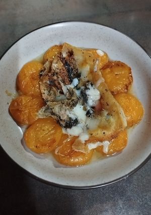A picture of Saganaki with Apricots and Graviera Cheese.