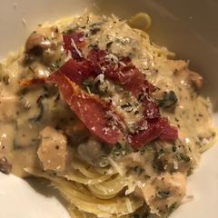 A picture of Chicken With Wild Mushrooms in Cream Sauce Finished With Parmesan / Serrano Ham.