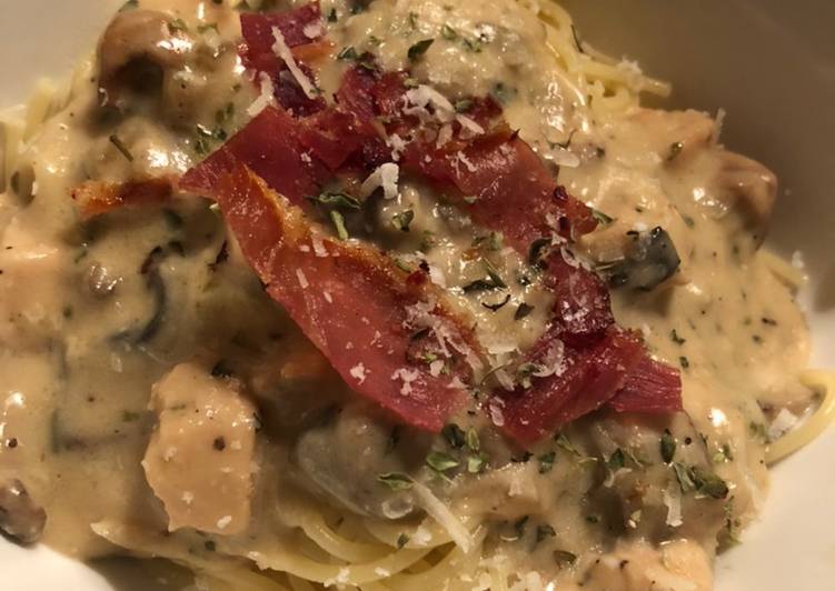 Chicken With Wild Mushrooms in Cream Sauce Finished With Parmesan / Serrano Ham