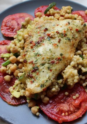 A picture of Marinated Hake Fillet with Pearl Couscous Salad.