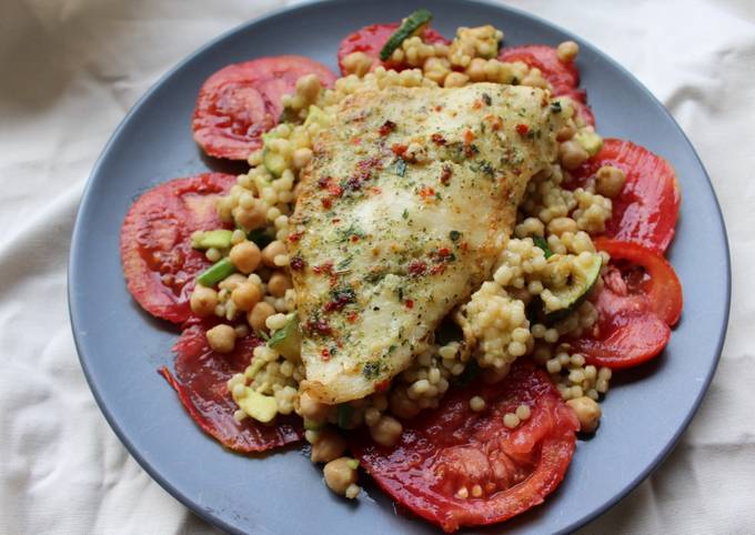 Marinated Hake Fillet with Pearl Couscous Salad