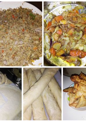 A picture of Samosa and spring rolls.