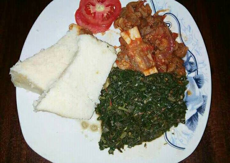 Wet Fry Beef, Ugali and Sauted Kales