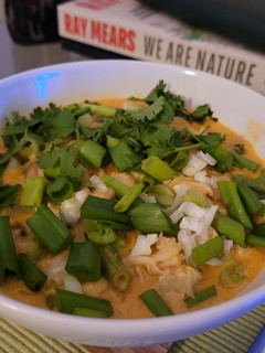 A picture of Thai Red "Dragon" chicken soup.