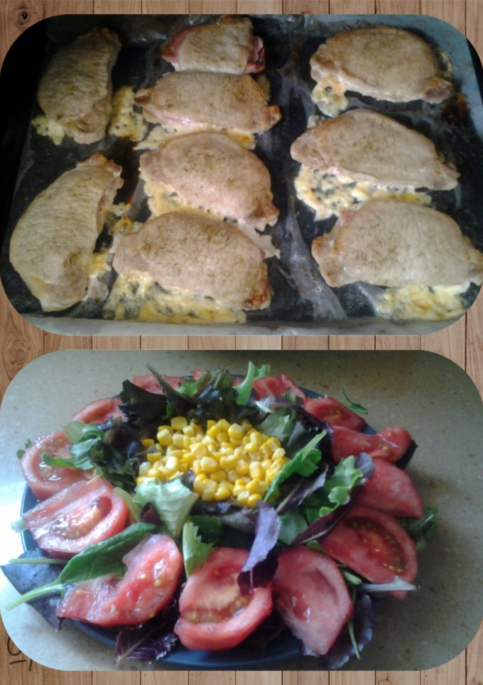 Una foto de Filetes de lomo rellenos de jamón y queso con acompañamiento de ensalada variada