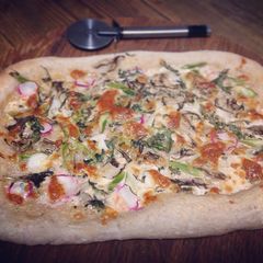 No-knead slow-rise sourdough pizza dough A picture of No-knead slow-rise sourdough pizza dough.