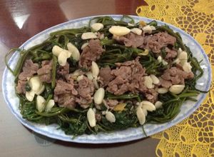 Hình của món Thịt trâu xào rau muống.