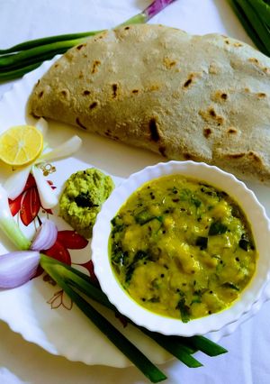कांद्याची पात घालून हाटून पिठल (pithla recipe in marathi) रेसिपी चे मुख्य फोटो 