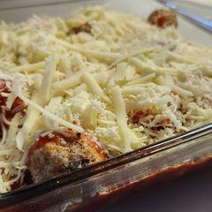 A picture of One Dish Ravioli and Meatball Casserole.