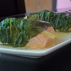 A picture of Steamed Pak Choi and Ginger-Wrapped Salmon.