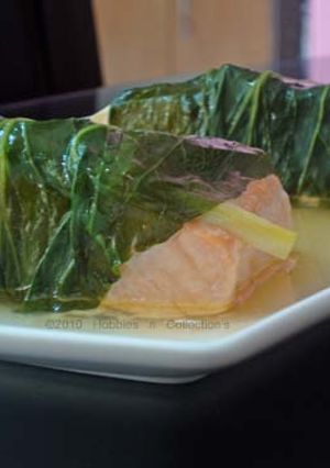 A picture of Steamed Pak Choi and Ginger-Wrapped Salmon.