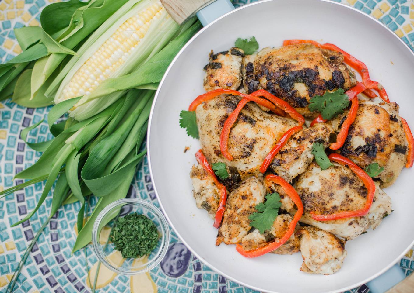 Skillet Chicken with Chopped Garlic, Peppers and Scallions