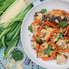 A picture of Skillet Chicken with Chopped Garlic, Peppers and Scallions.
