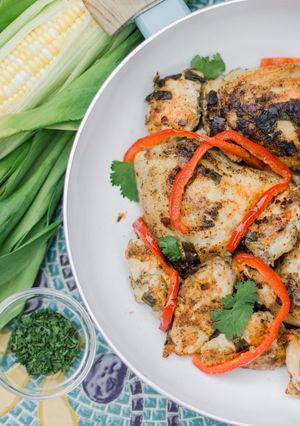 A picture of Skillet Chicken with Chopped Garlic, Peppers and Scallions.