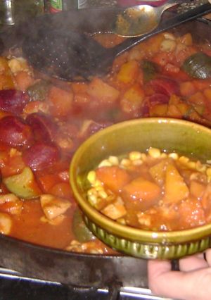Una foto de Cazuela de pollo y verduras al disco de arado