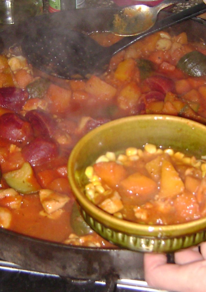 Una foto de Cazuela de pollo y verduras al disco de arado