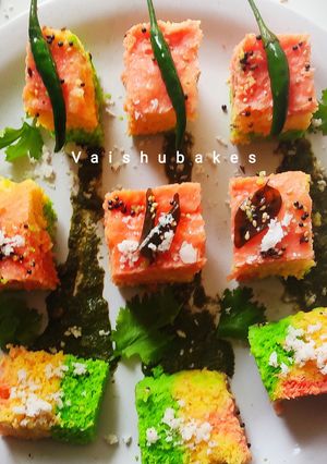 A picture of Tricolour Dhokla with Spinach and Beet.